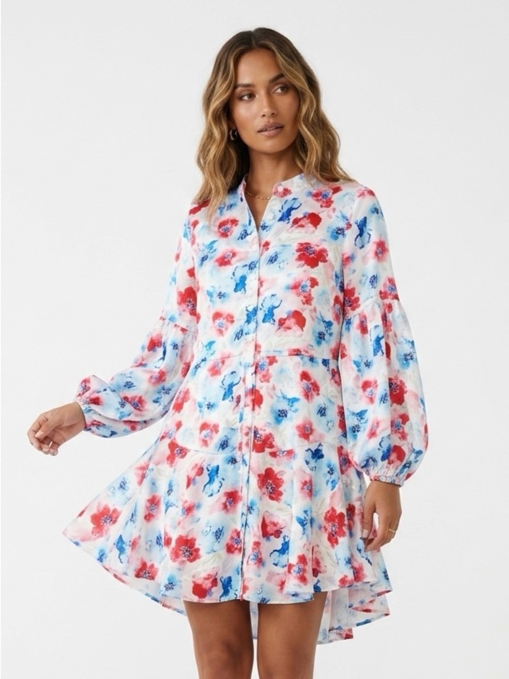 Floral Button-Front Mini Dress in White with Red & Blue Print - XS
